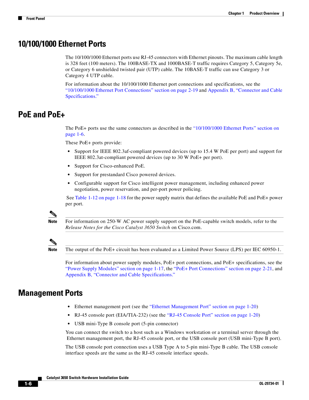 Cisco Systems 3650 manual 10/100/1000 Ethernet Ports, PoE and PoE+, Management Ports 