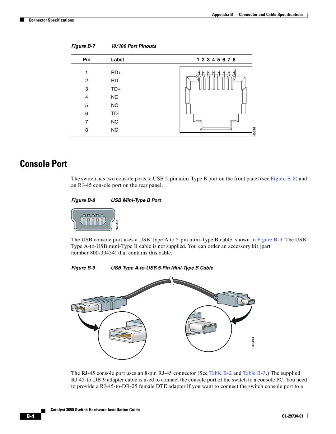 Cisco Systems 3650 manual Console Port, Figure B-7 10/100 Port Pinouts 