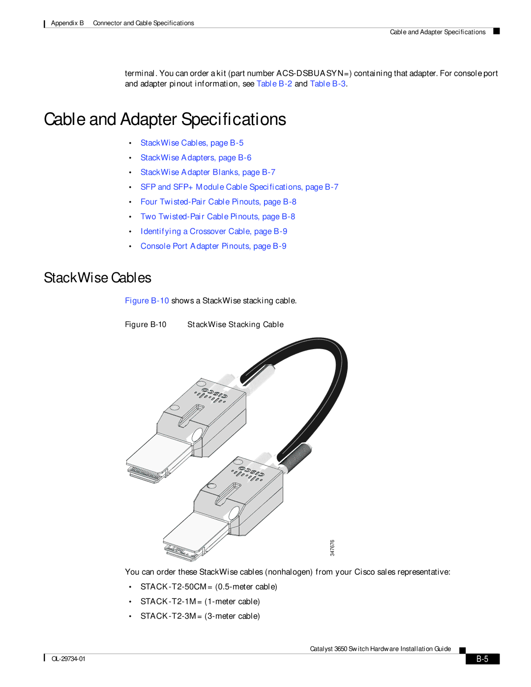 Cisco Systems 3650 manual Cable and Adapter Specifications, StackWise Cables 