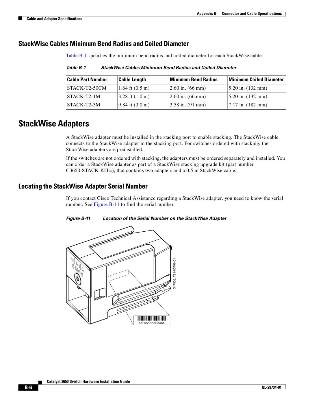 Cisco Systems 3650 manual StackWise Adapters, StackWise Cables Minimum Bend Radius and Coiled Diameter 