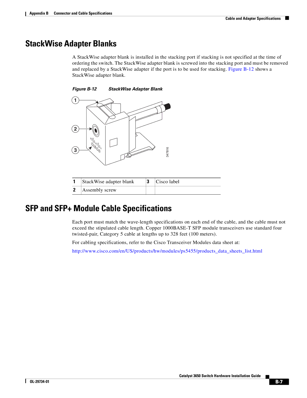 Cisco Systems 3650 manual StackWise Adapter Blanks, SFP and SFP+ Module Cable Specifications 