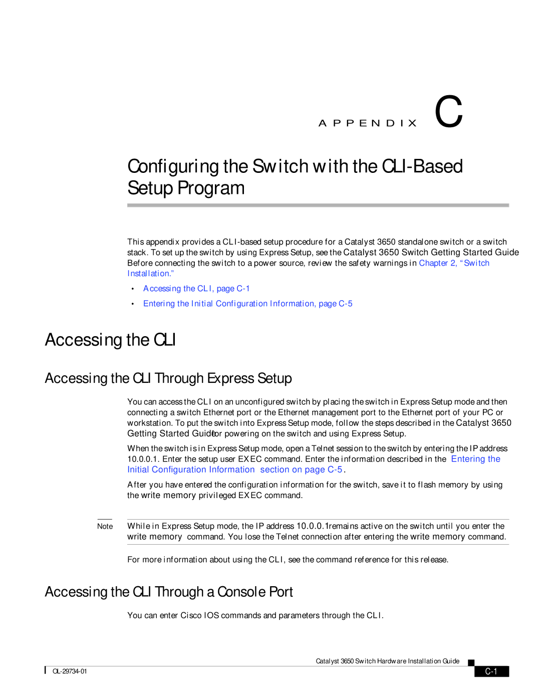 Cisco Systems 3650 manual Configuring the Switch with the CLI-Based Setup Program, Accessing the CLI 