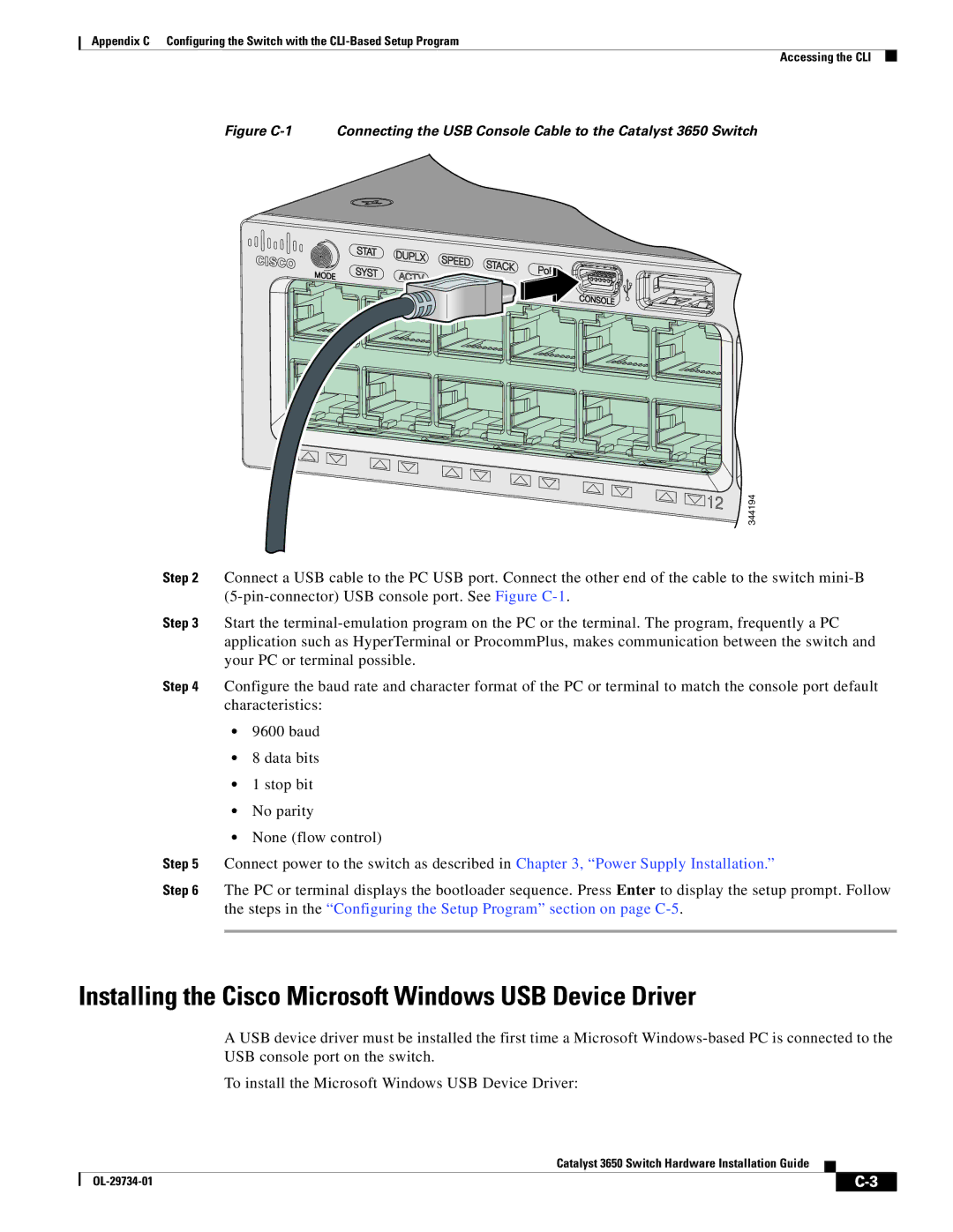 Cisco Systems 3650 manual Installing the Cisco Microsoft Windows USB Device Driver 