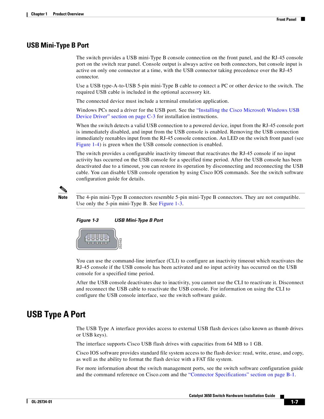 Cisco Systems 3650 manual USB Type a Port, USB Mini-Type B Port 