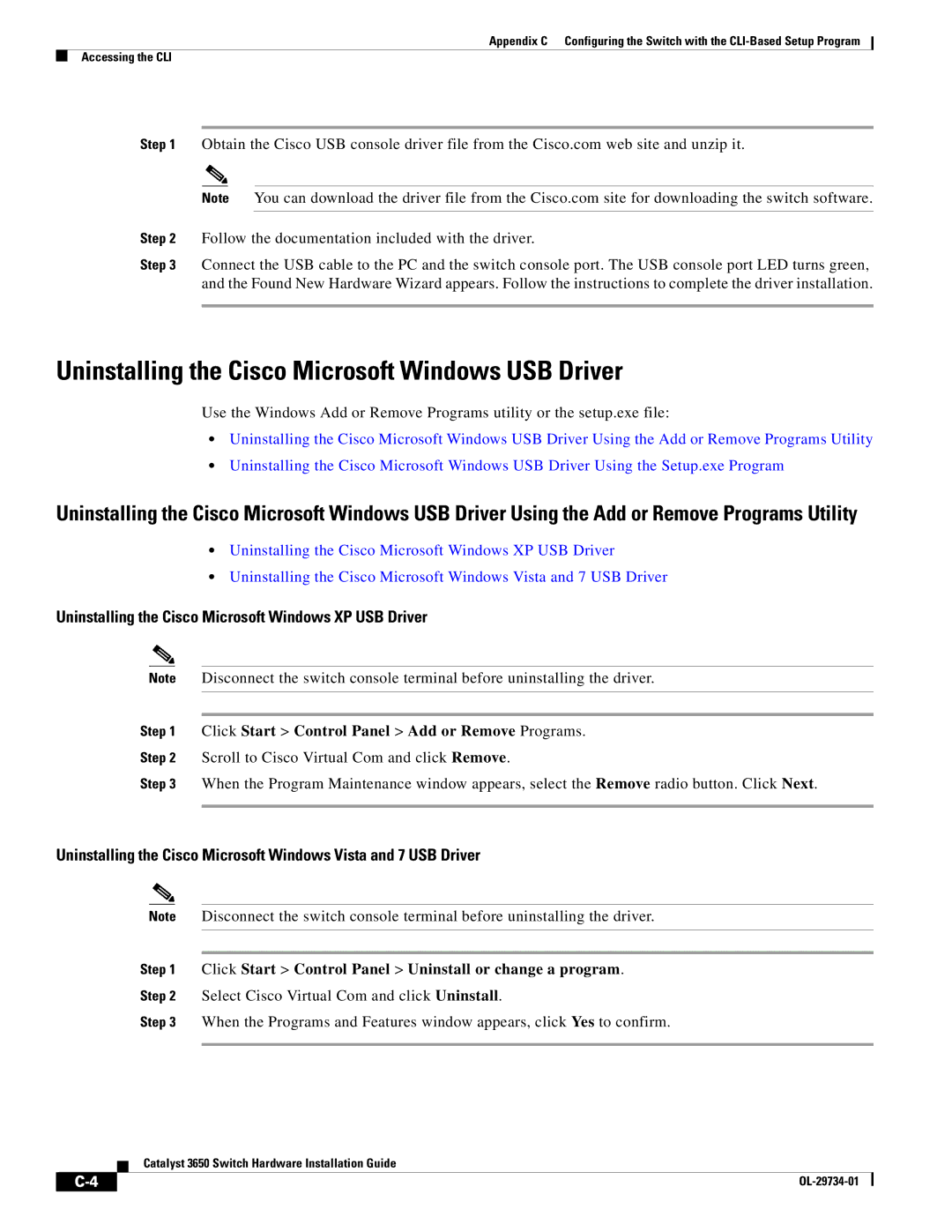 Cisco Systems 3650 manual Uninstalling the Cisco Microsoft Windows USB Driver 