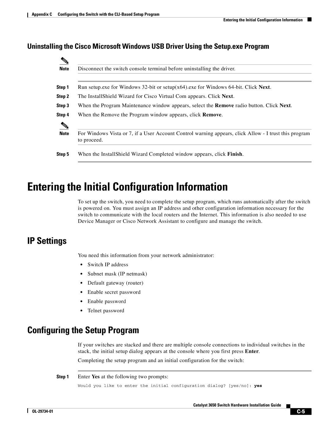 Cisco Systems 3650 manual Entering the Initial Configuration Information, IP Settings, Configuring the Setup Program 