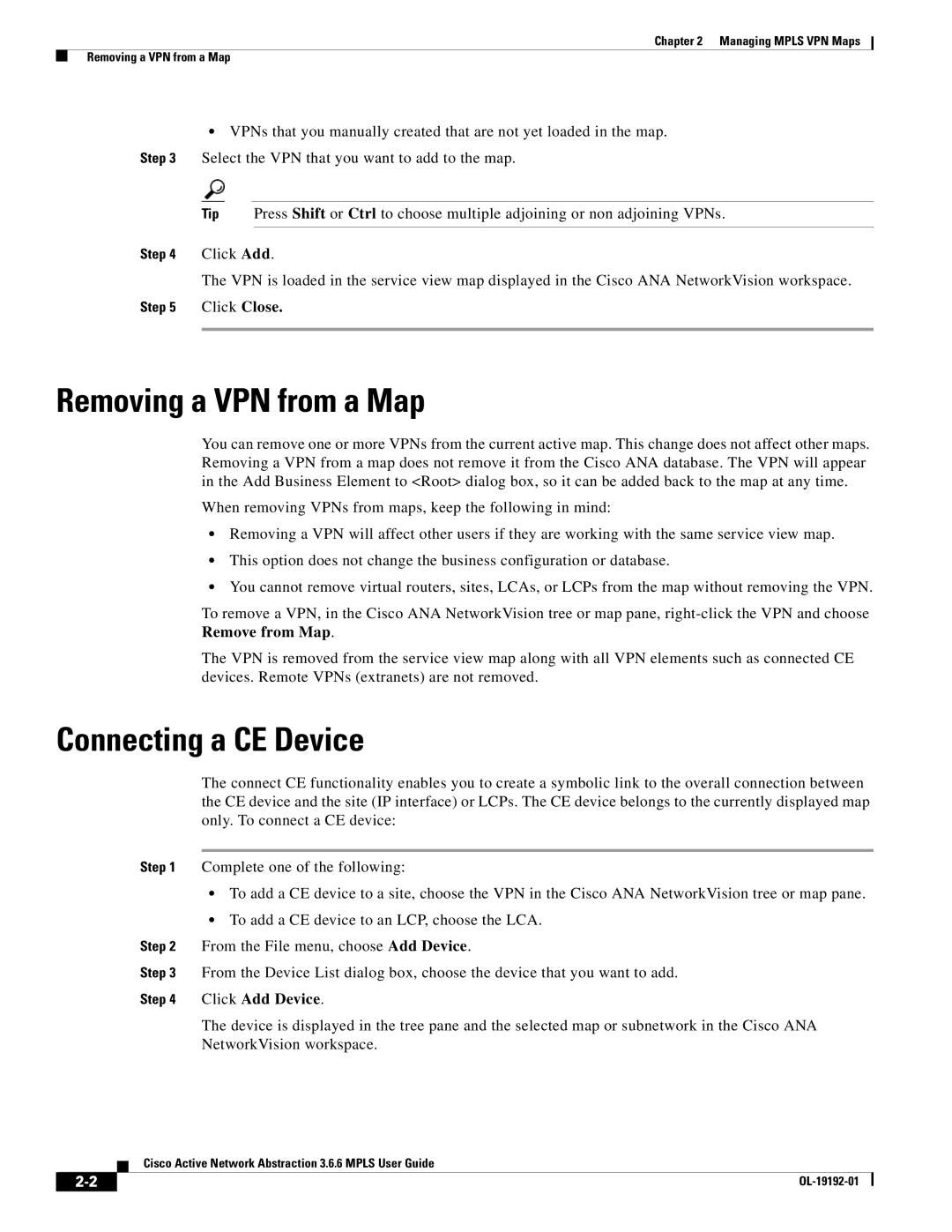 Cisco Systems 3.6.6 manual Removing a VPN from a Map, Connecting a CE Device 