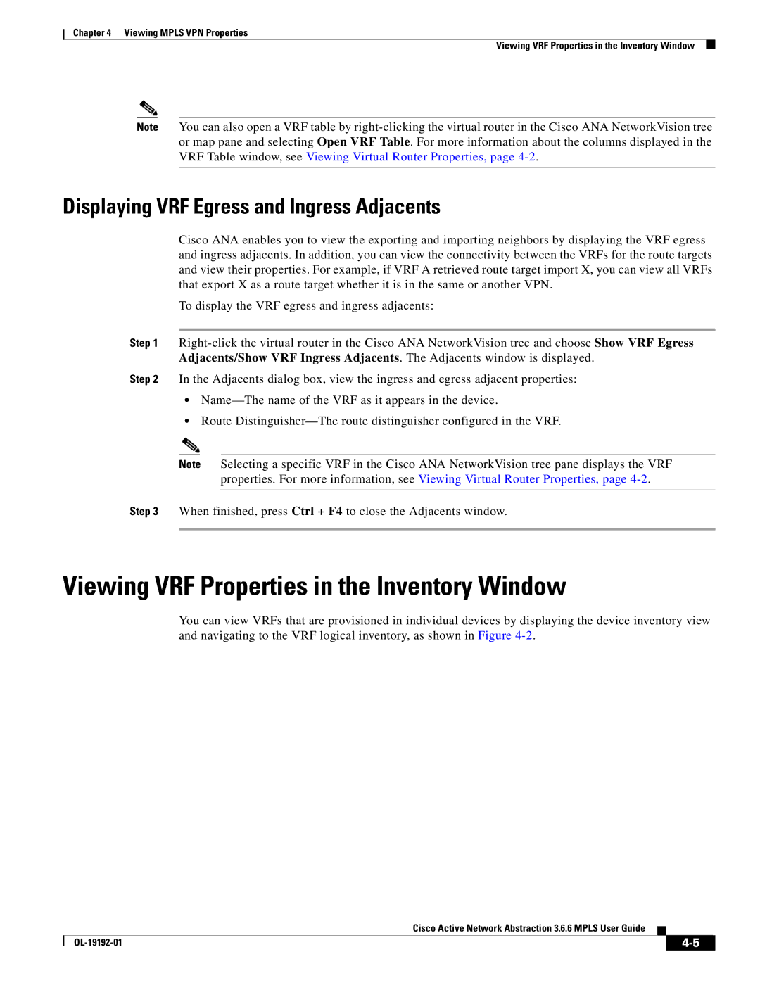 Cisco Systems 3.6.6 manual Viewing VRF Properties in the Inventory Window, Displaying VRF Egress and Ingress Adjacents 