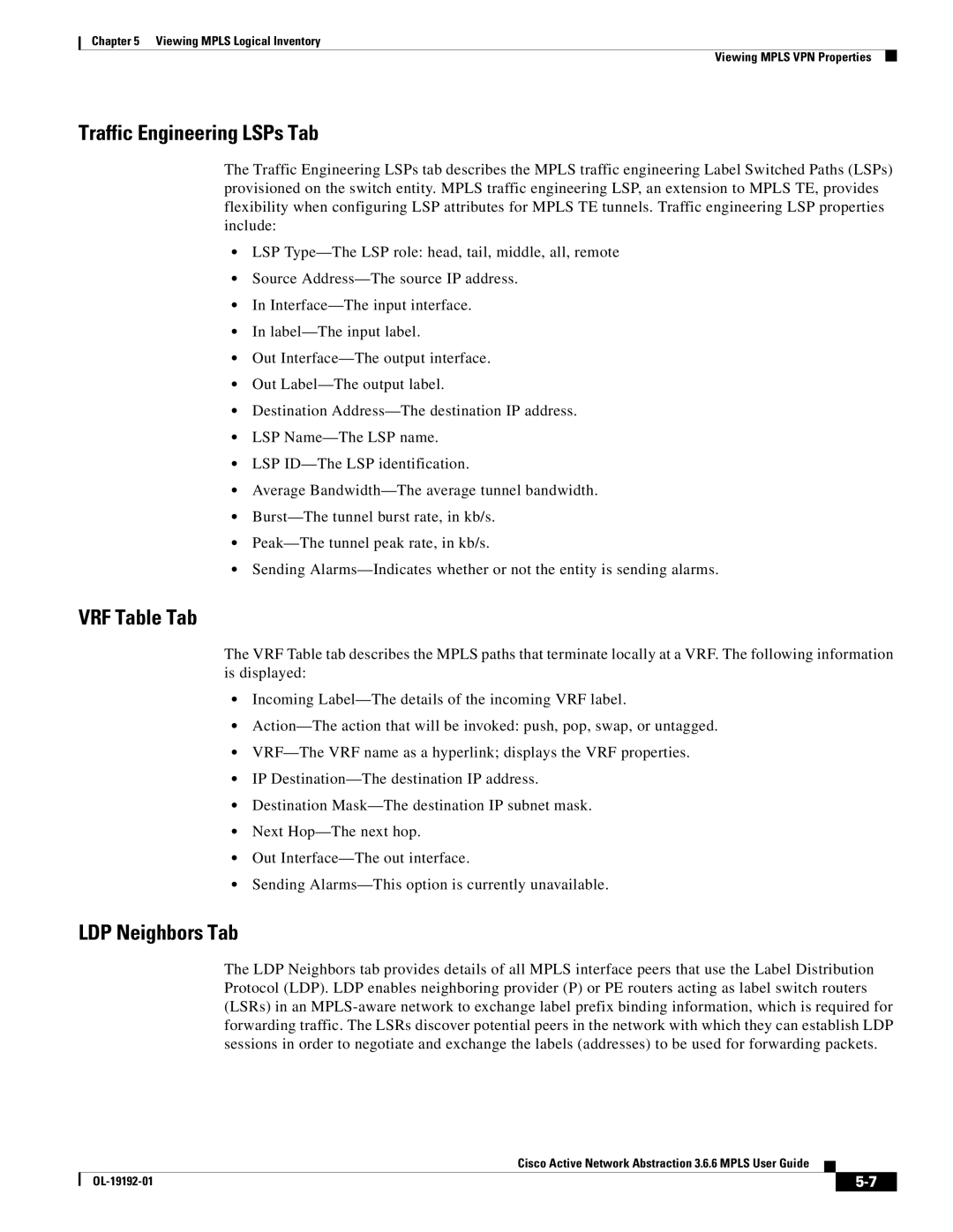 Cisco Systems 3.6.6 manual Traffic Engineering LSPs Tab 