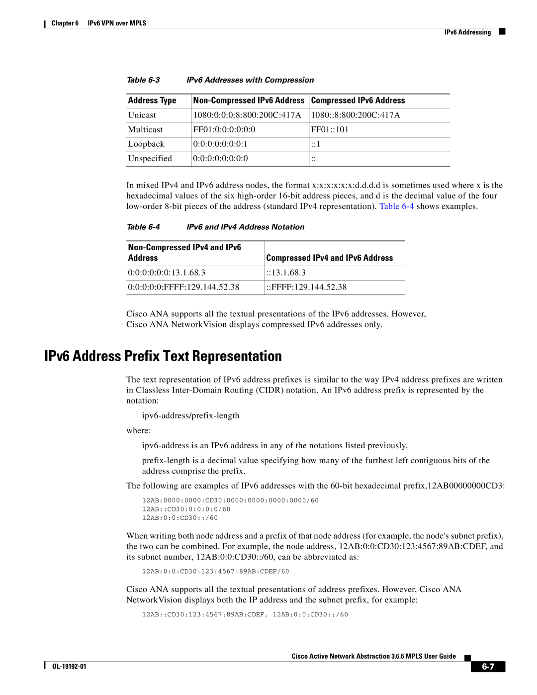 Cisco Systems 3.6.6 manual IPv6 Address Prefix Text Representation, Address Type, Compressed IPv6 Address 