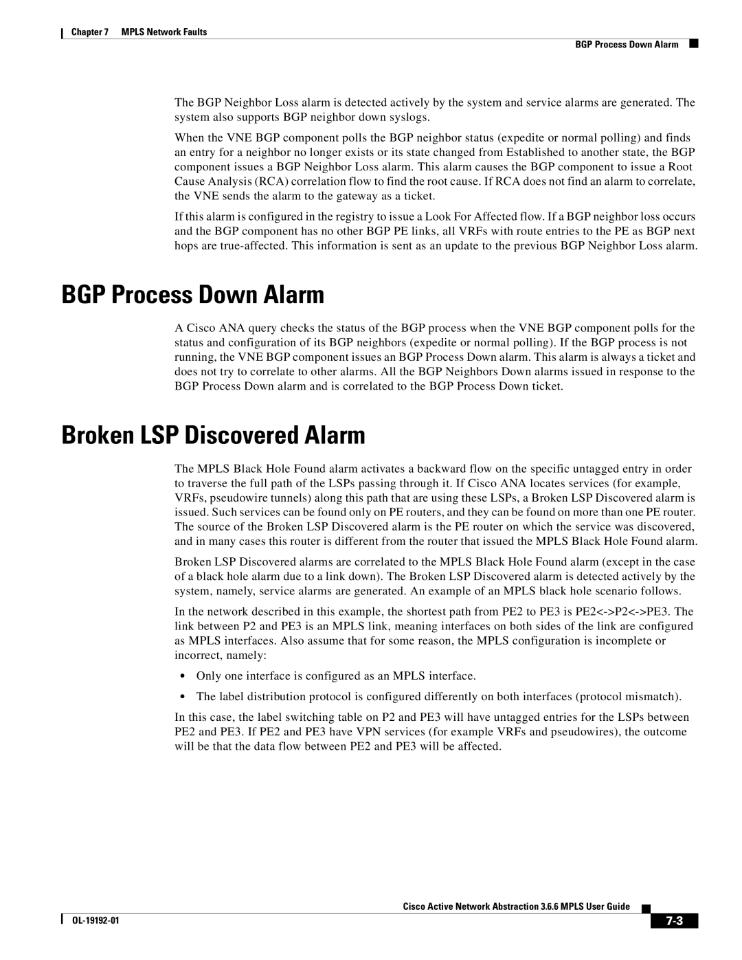 Cisco Systems 3.6.6 manual BGP Process Down Alarm, Broken LSP Discovered Alarm 