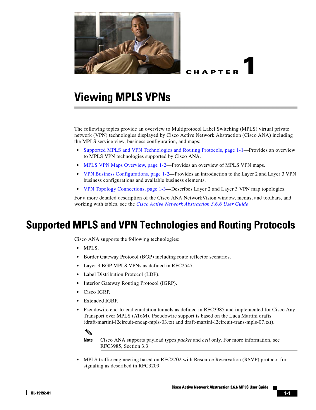 Cisco Systems 3.6.6 manual Viewing MPLS VPNs, C H A P T E R, Supported MPLS and VPN Technologies and Routing Protocols 