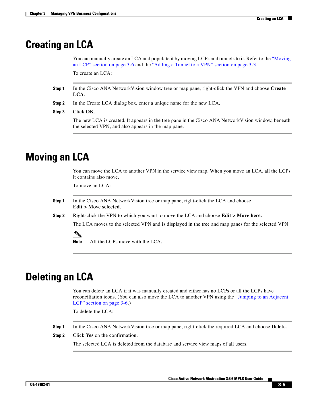 Cisco Systems 3.6.6 manual Creating an LCA, Moving an LCA, Deleting an LCA, Edit Move selected 