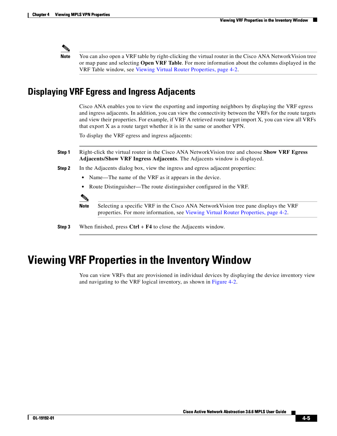 Cisco Systems 3.6.6 manual Viewing VRF Properties in the Inventory Window, Displaying VRF Egress and Ingress Adjacents 