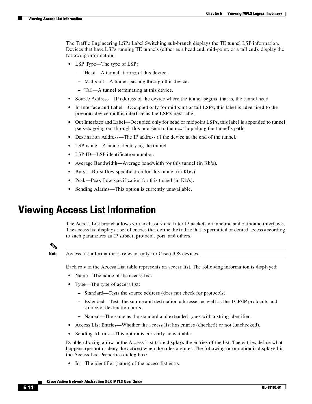 Cisco Systems 3.6.6 manual Viewing Access List Information, 5-14 