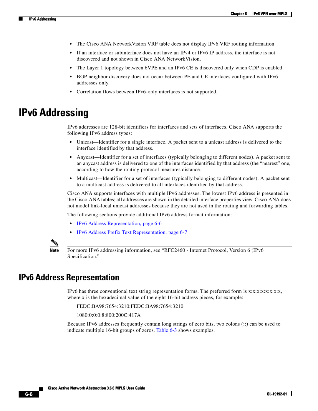 Cisco Systems 3.6.6 IPv6 Addressing, IPv6 Address Representation, page, IPv6 Address Prefix Text Representation, page 