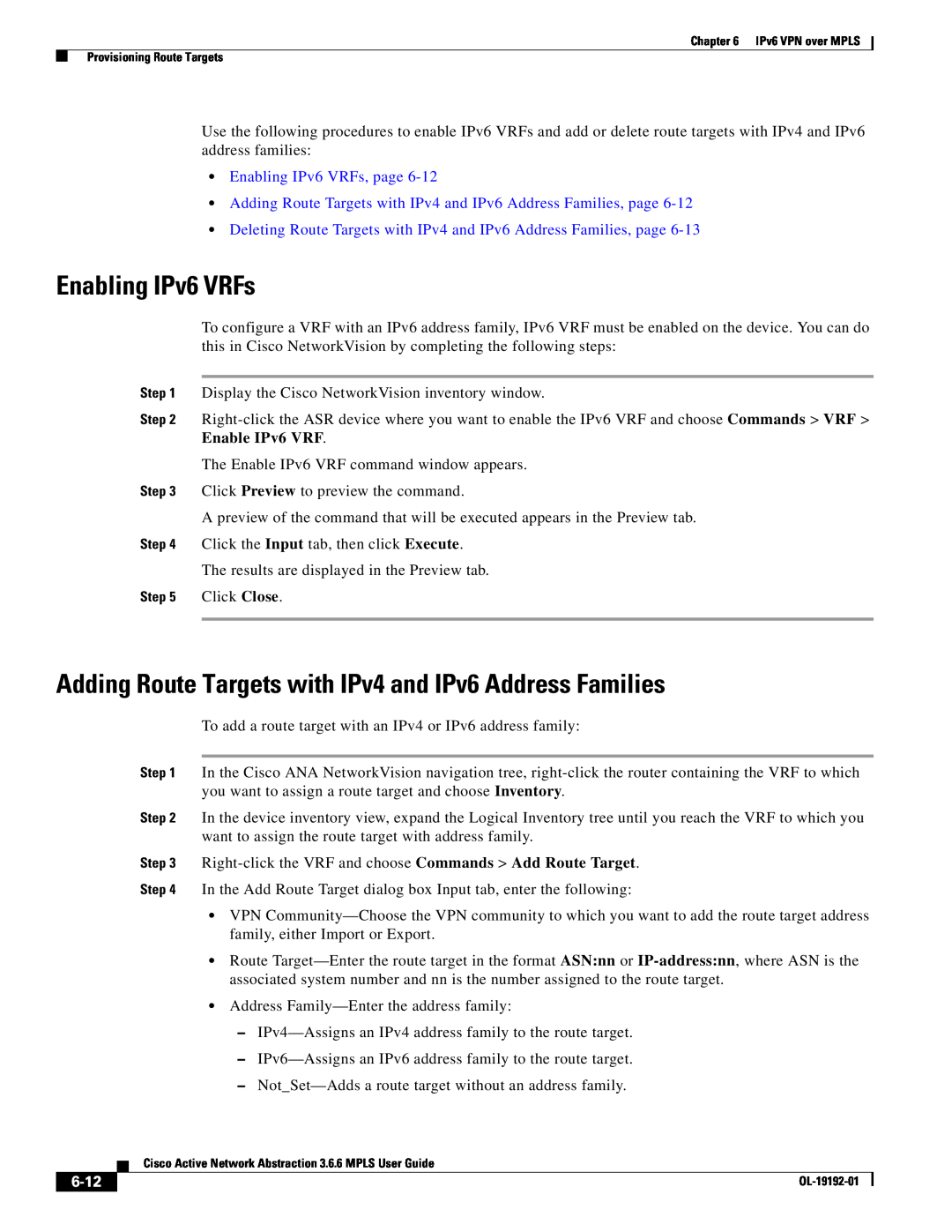 Cisco Systems 3.6.6 manual Adding Route Targets with IPv4 and IPv6 Address Families, Enabling IPv6 VRFs, page, 6-12 