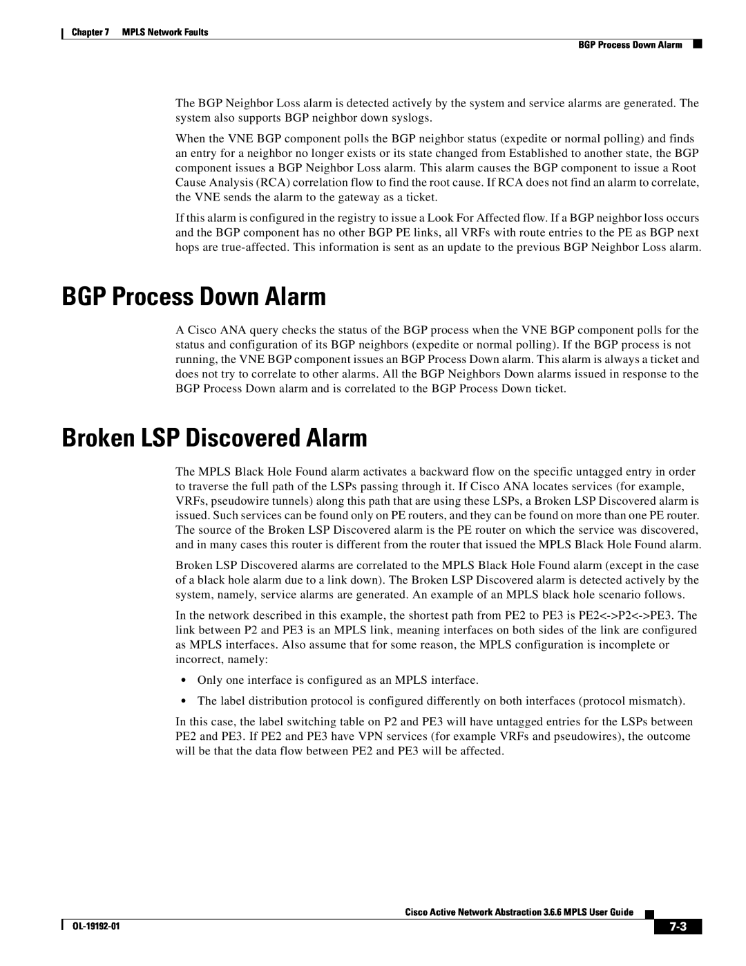 Cisco Systems 3.6.6 manual BGP Process Down Alarm, Broken LSP Discovered Alarm 