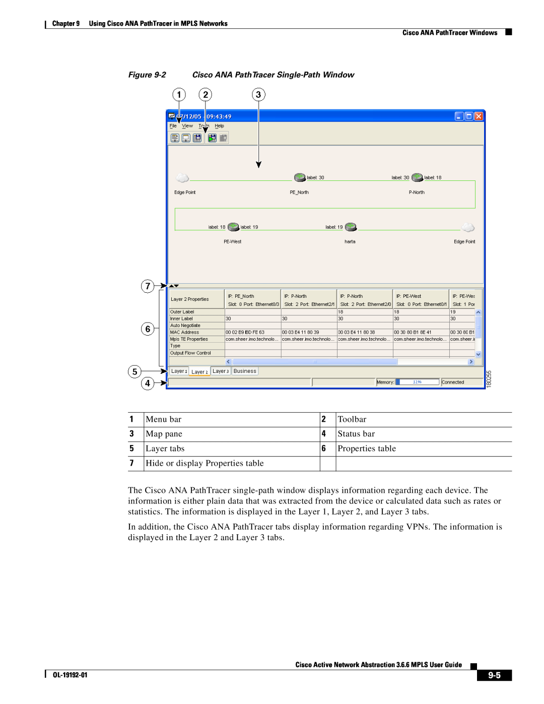 Cisco Systems 3.6.6 manual Layer tabs, Hide or display Properties table, Menu bar, Toolbar, Map pane, Status bar 