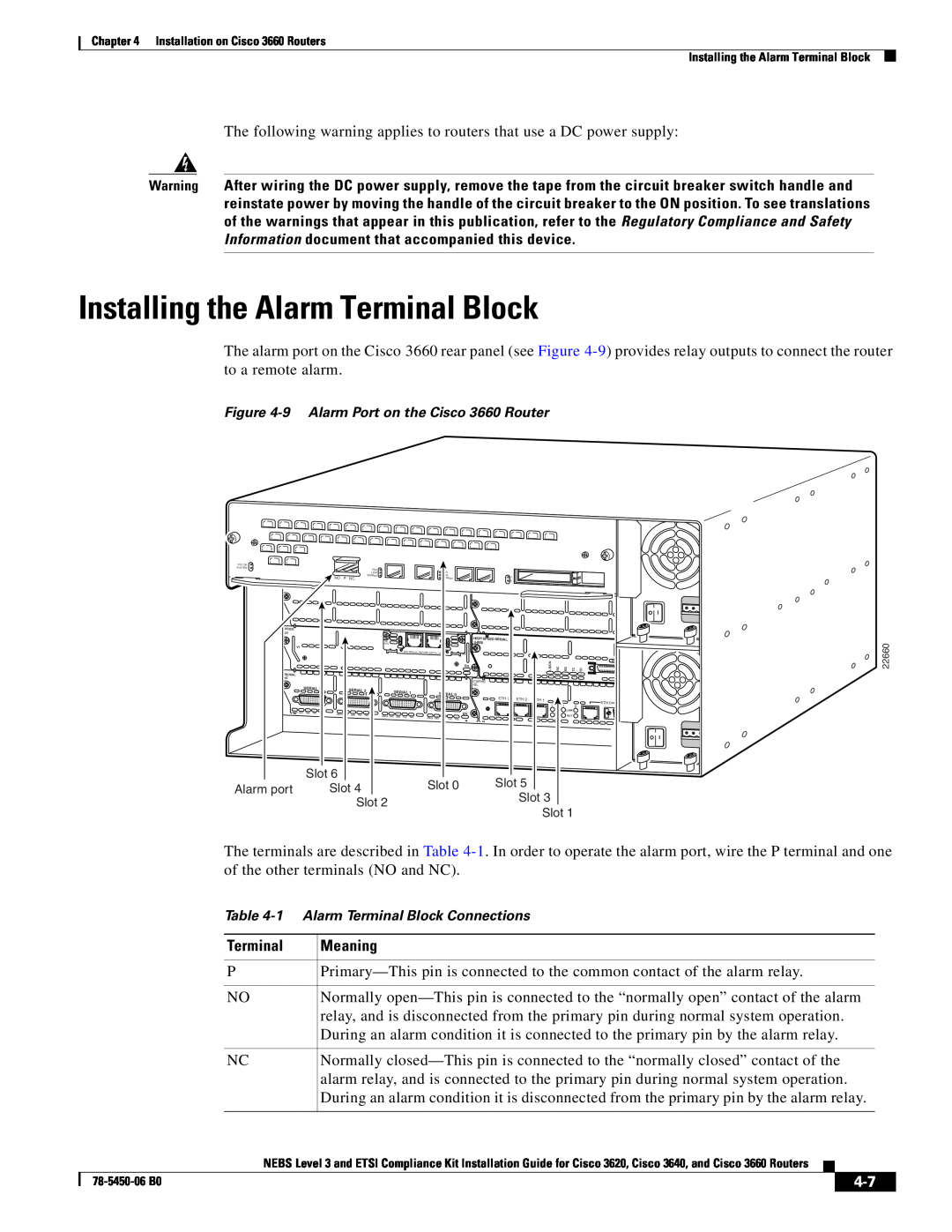 Cisco Systems 3660 manual Installing the Alarm Terminal Block, Meaning 