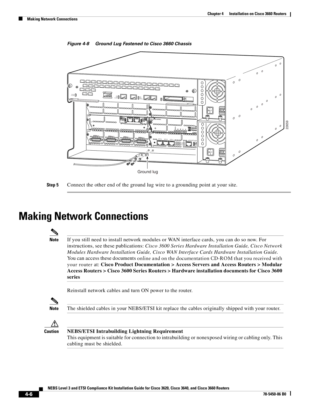 Cisco Systems manual Making Network Connections, Ground Lug Fastened to Cisco 3660 Chassis 