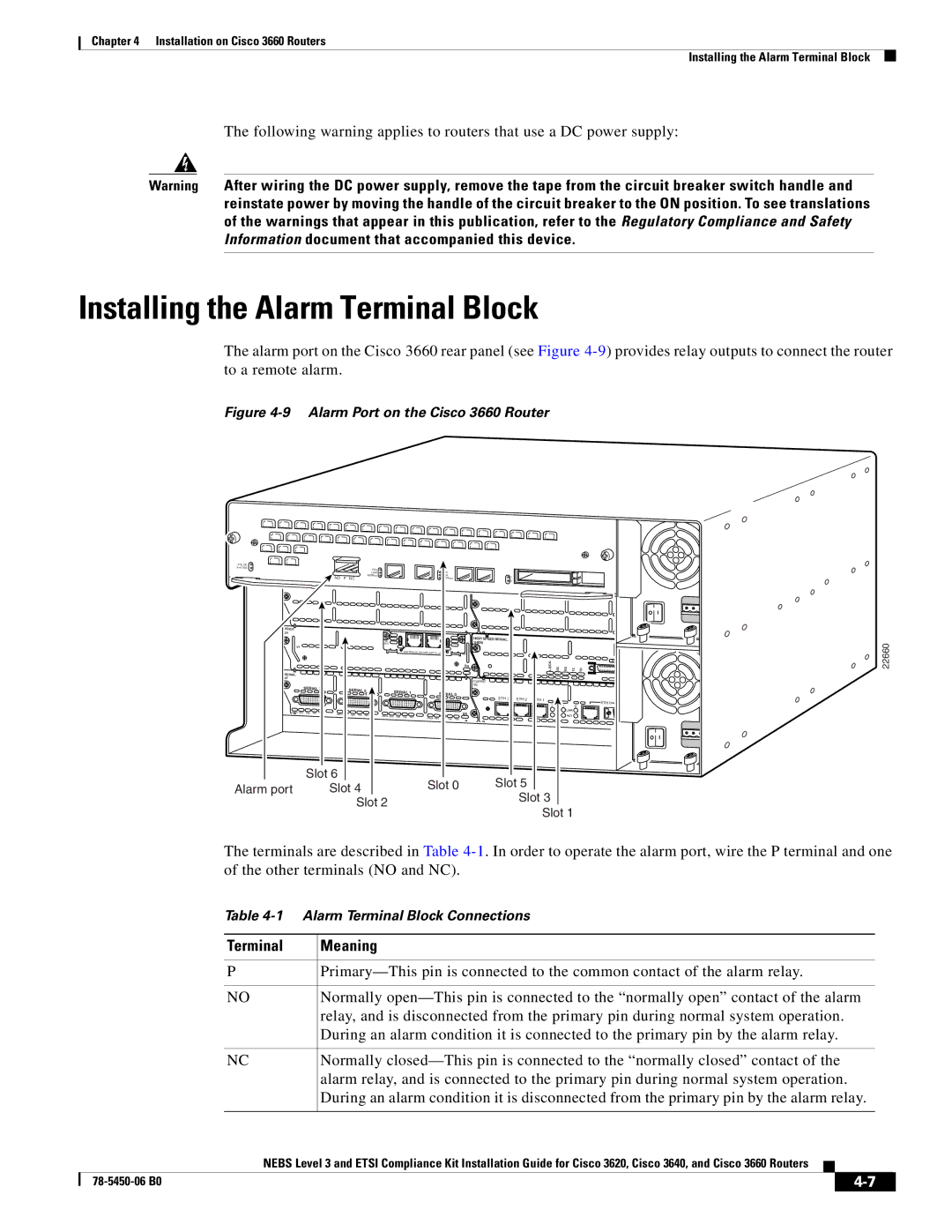 Cisco Systems 3660 manual Installing the Alarm Terminal Block, Terminal Meaning 