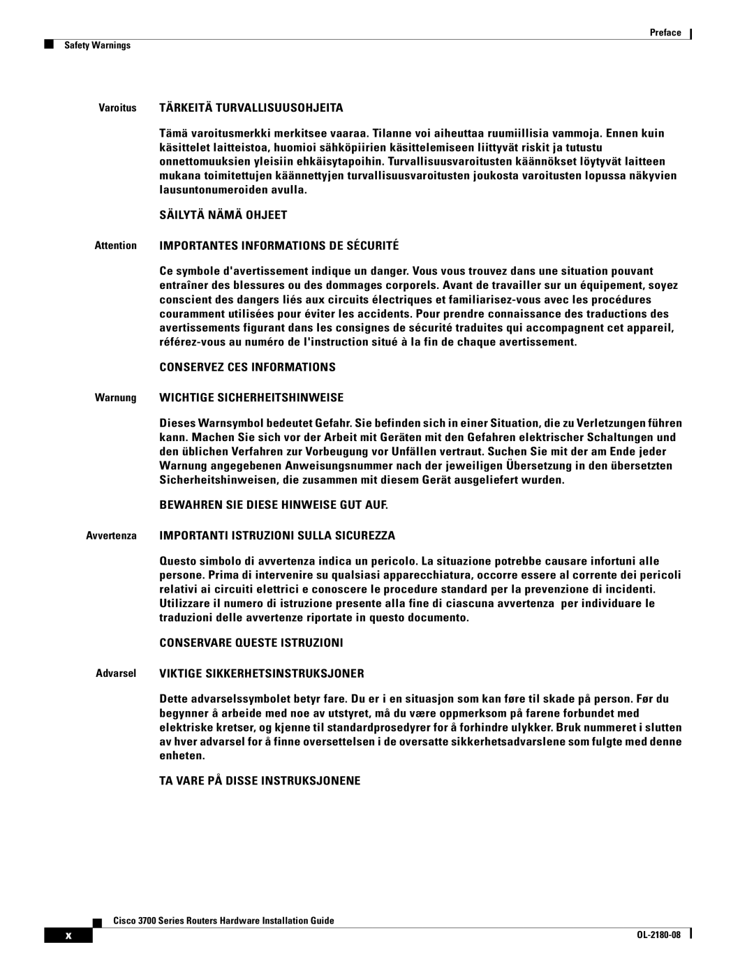 Cisco Systems 3700 Series manual Warnung Wichtige Sicherheitshinweise, Avvertenza Importanti Istruzioni Sulla Sicurezza 