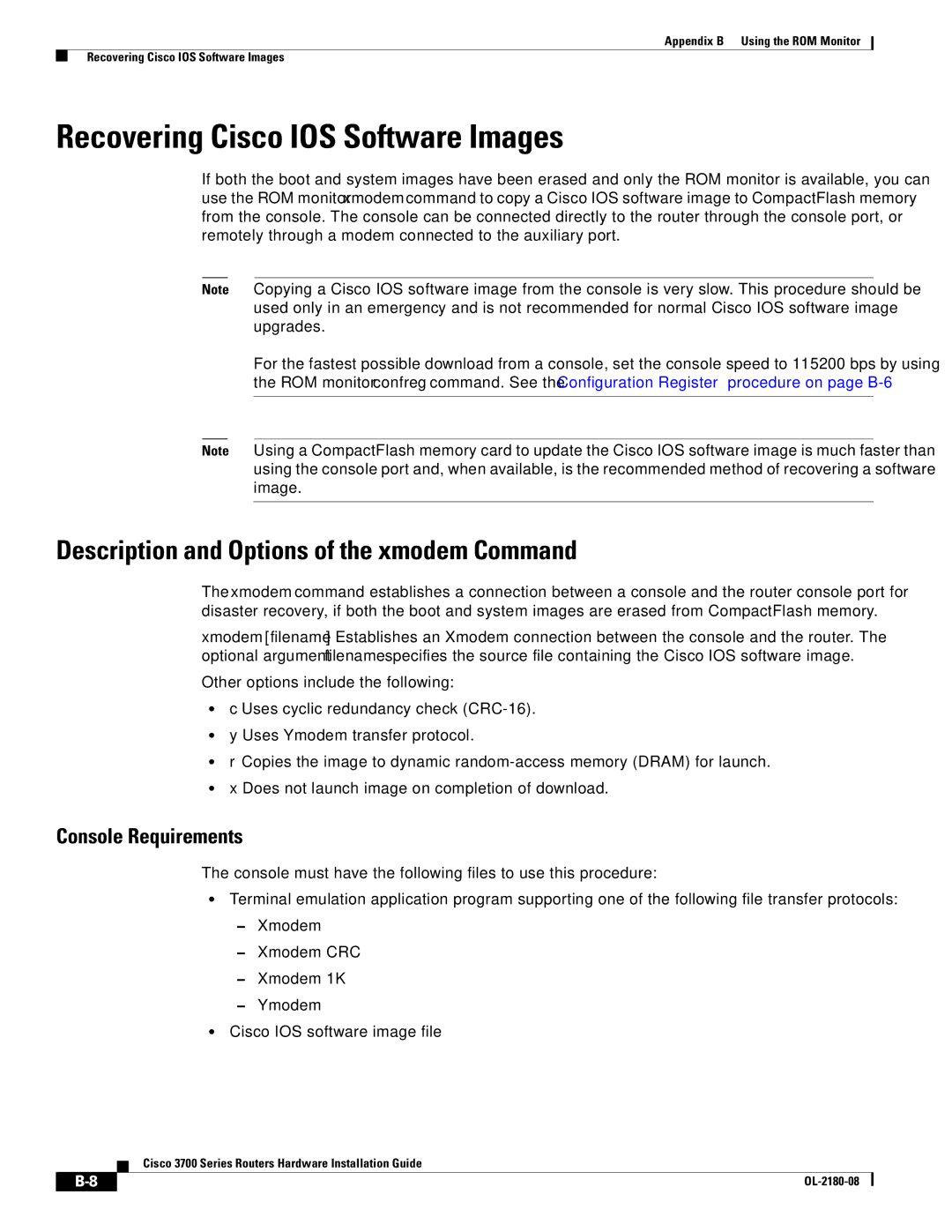 Cisco Systems 3700 Series manual Recovering Cisco IOS Software Images, Description and Options of the xmodem Command 