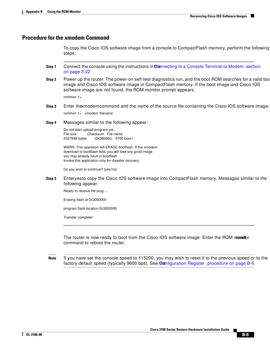 Cisco Systems 3700 Series manual Procedure for the xmodem Command, Messages similar to the following appear 