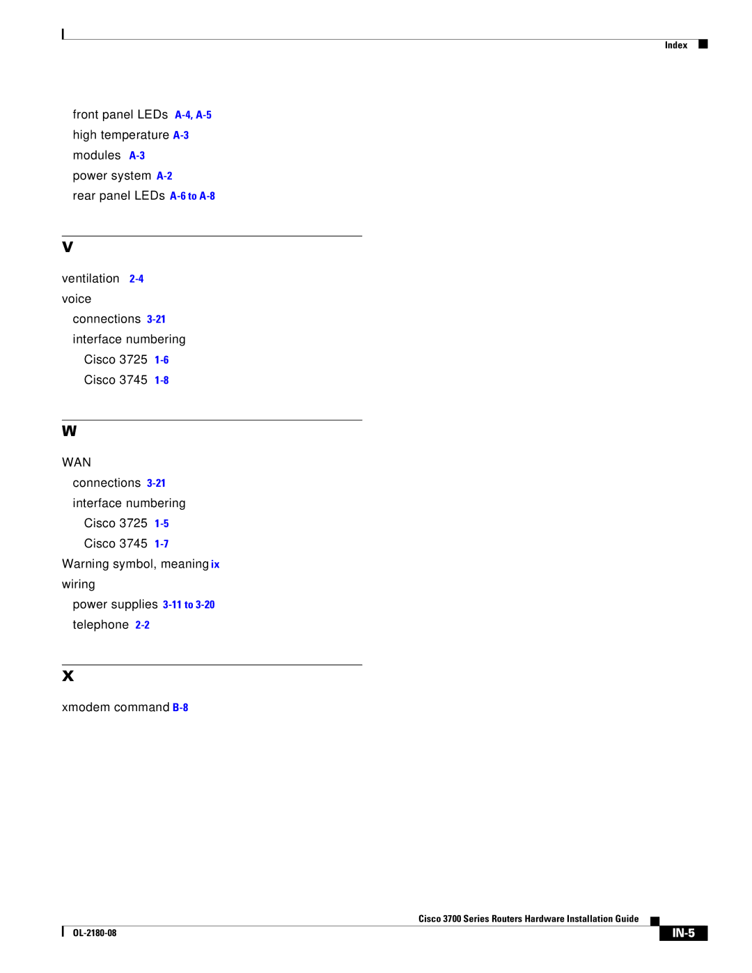 Cisco Systems 3700 Series manual IN-5 