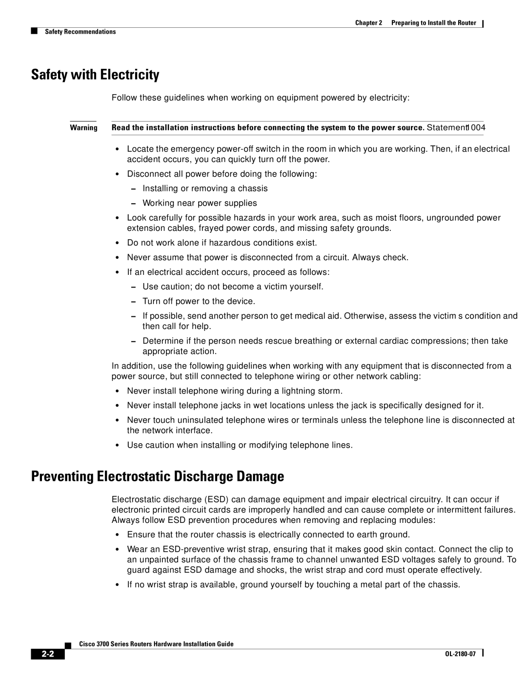 Cisco Systems 3700 Series manual Safety with Electricity, Preventing Electrostatic Discharge Damage 