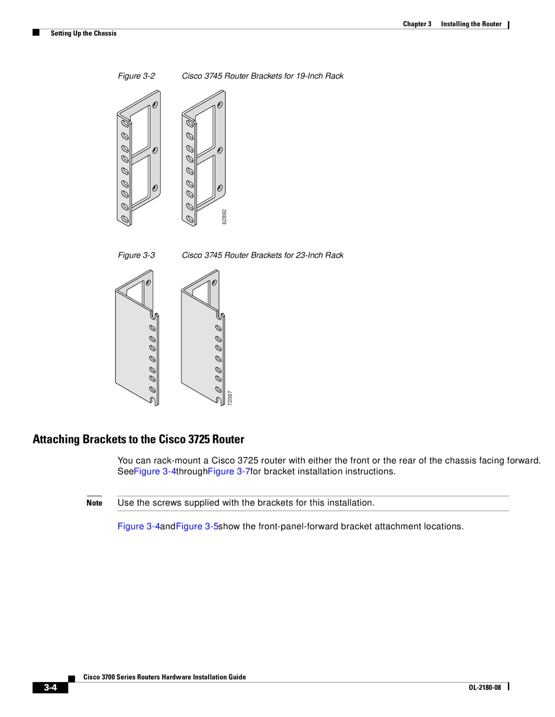 Cisco Systems 3700 Series manual Attaching Brackets to the Cisco 3725 Router, Cisco 3745 Router-Brackets for 19-Inch Rack 