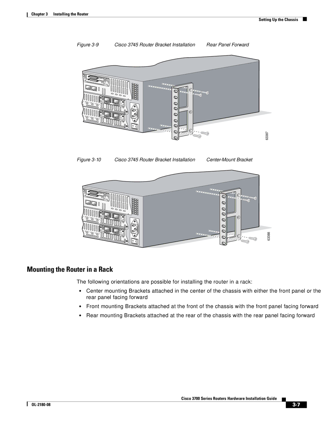 Cisco Systems 3700 Series manual Mounting the Router in a Rack, 63387 