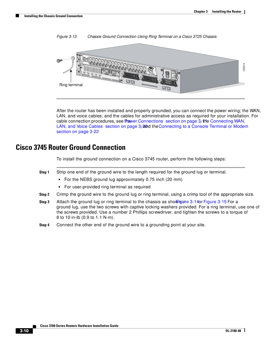 Cisco Systems 3700 Series manual Cisco 3745 Router Ground Connection 