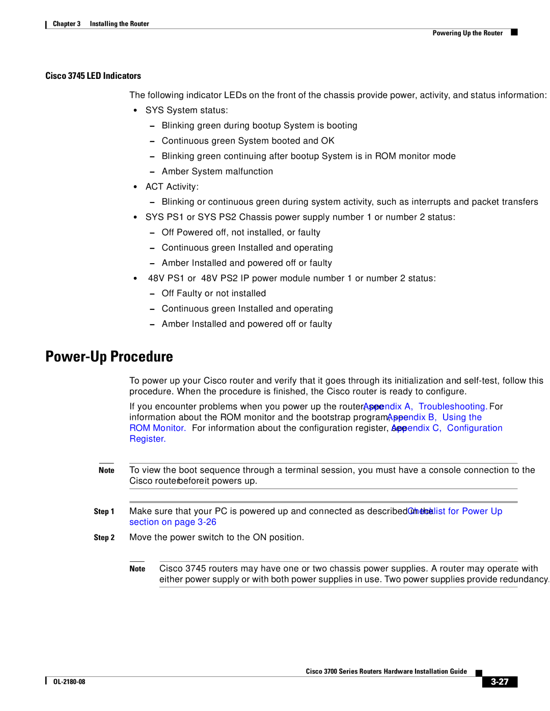 Cisco Systems 3700 Series manual Power-Up Procedure, Cisco 3745 LED Indicators 