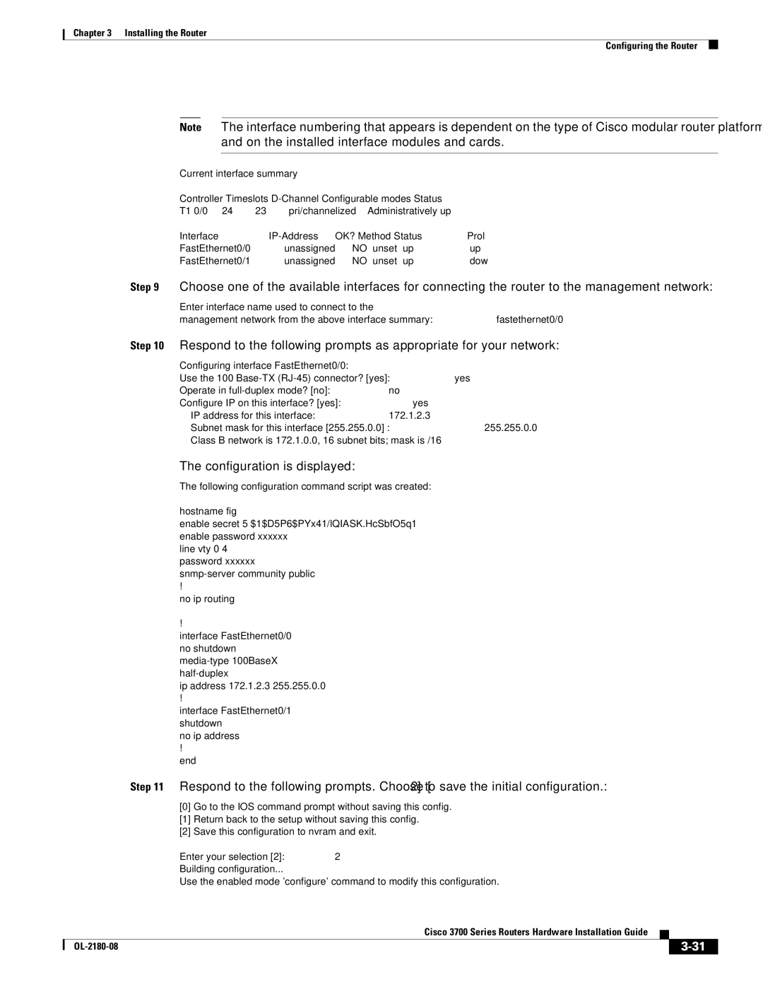 Cisco Systems 3700 Series manual Configuration is displayed 