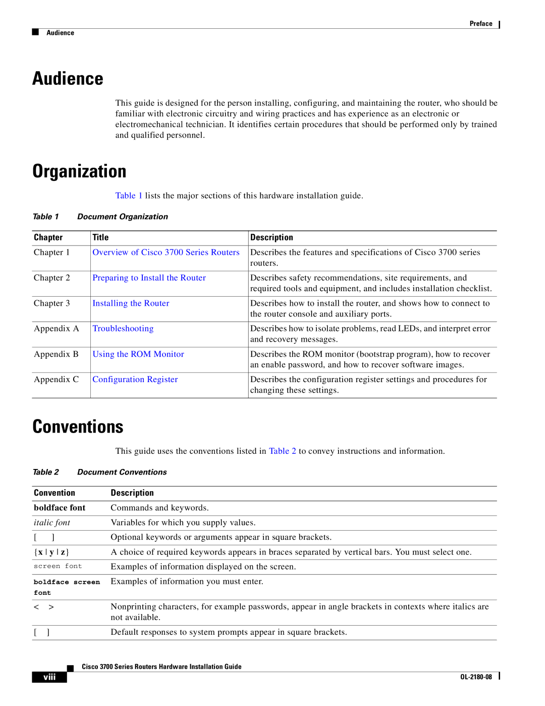 Cisco Systems 3700 Series manual Audience, Organization, Conventions, Chapter Title Description 