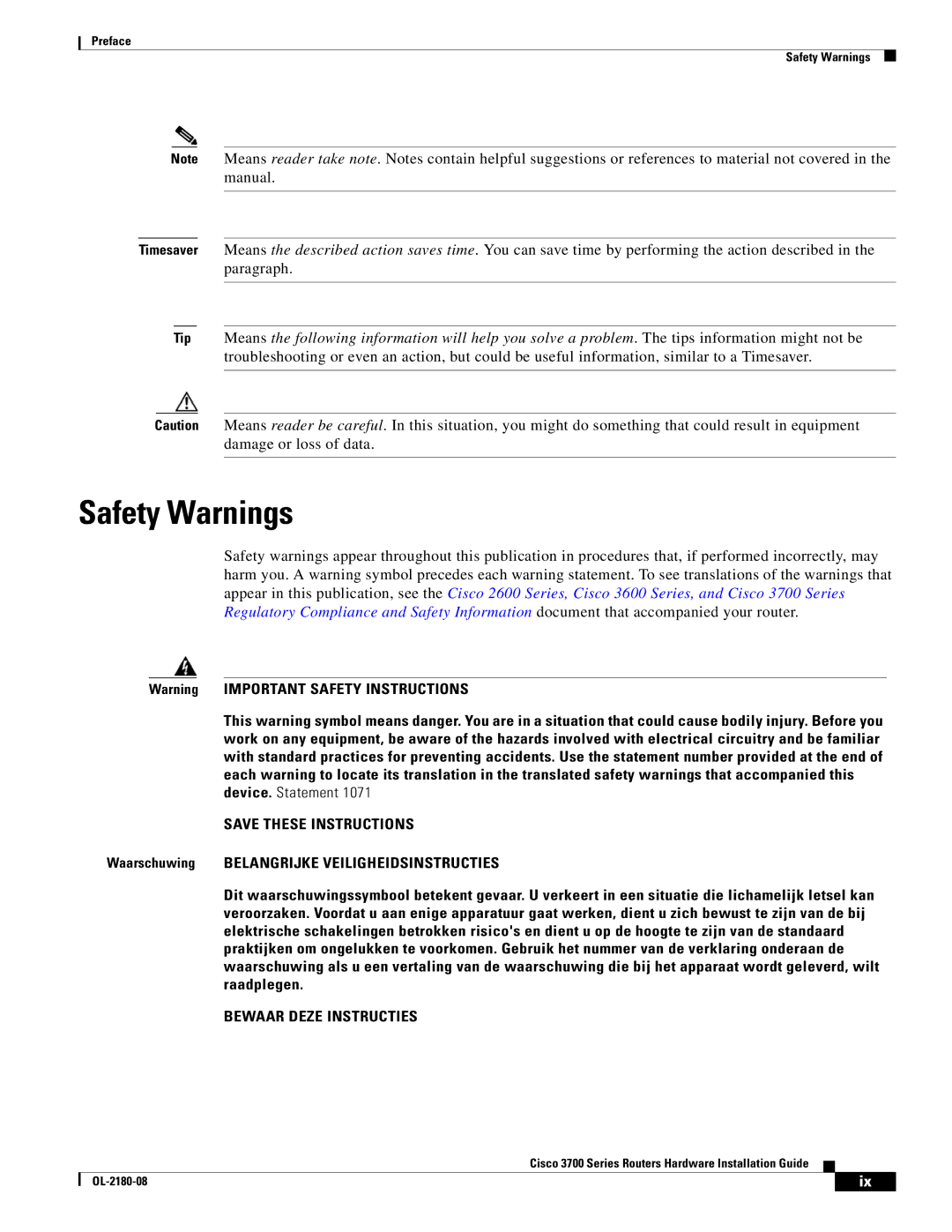 Cisco Systems 3700 Series manual Safety Warnings, Bewaar Deze Instructies 