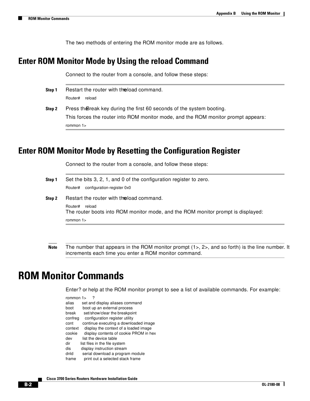 Cisco Systems 3700 Series manual ROM Monitor Commands, Enter ROM Monitor Mode by Using the reload Command 