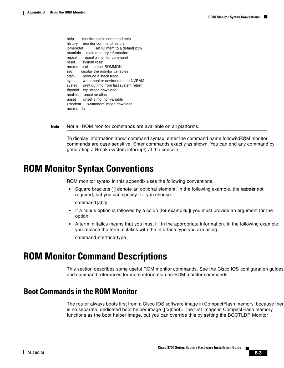 Cisco Systems 3700 Series manual ROM Monitor Syntax Conventions, ROM Monitor Command Descriptions 