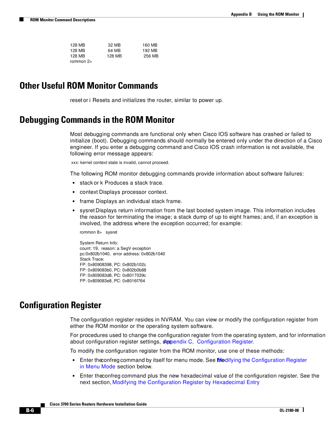 Cisco Systems 3700 Series Other Useful ROM Monitor Commands, Debugging Commands in the ROM Monitor, Configuration Register 