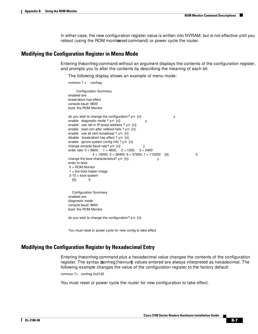 Cisco Systems 3700 Series manual Modifying the Configuration Register in Menu Mode 