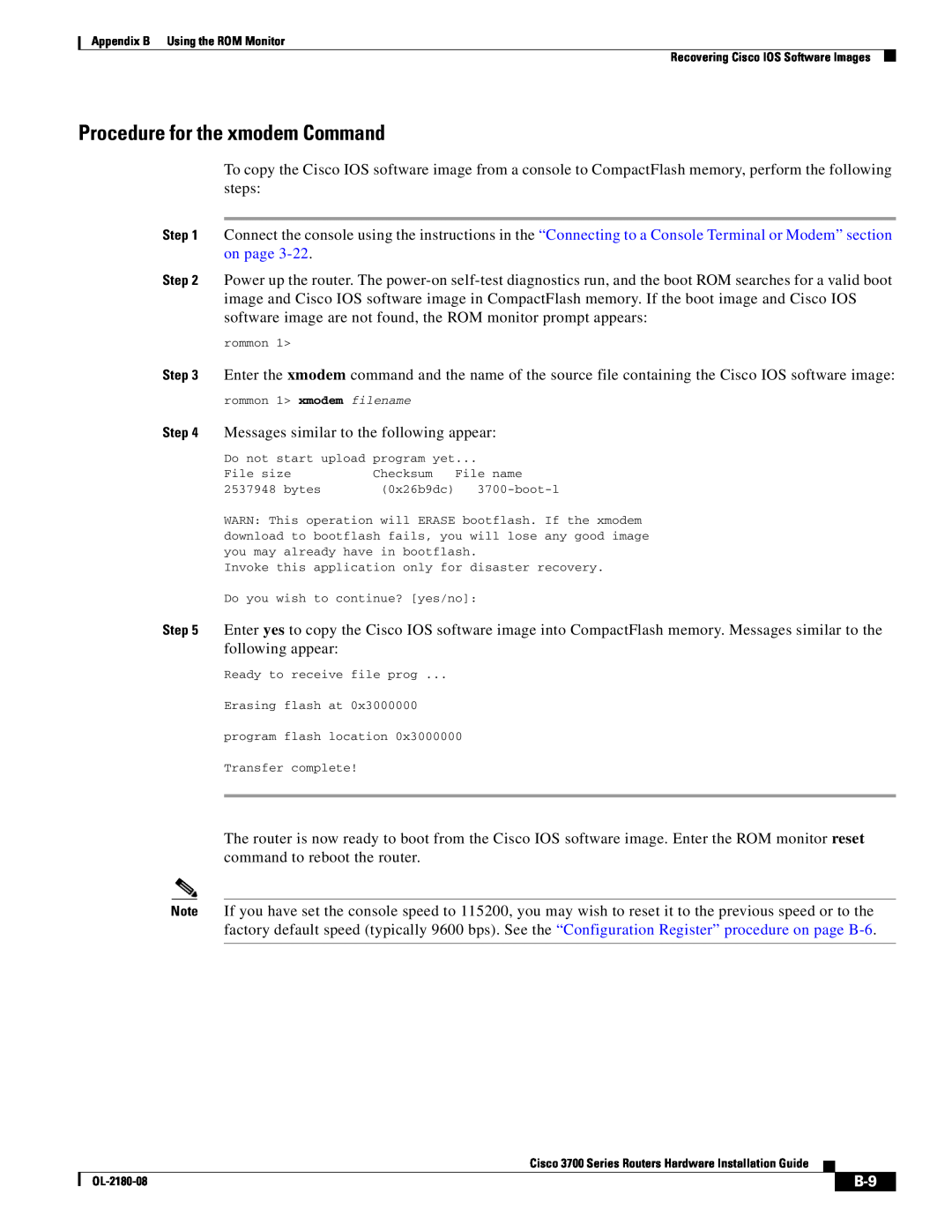 Cisco Systems 3700 Series manual Procedure for the xmodem Command 