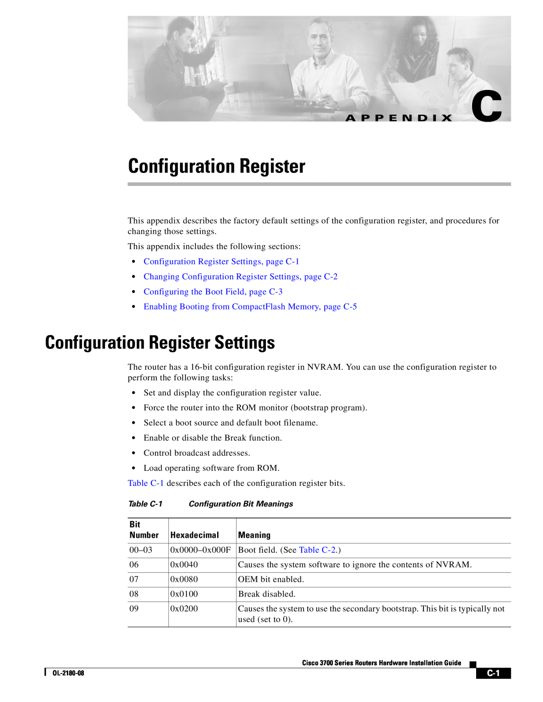 Cisco Systems 3700 Series Configuration Register Settings, A P P E N D I X C, Configuring the Boot Field, page C-3 