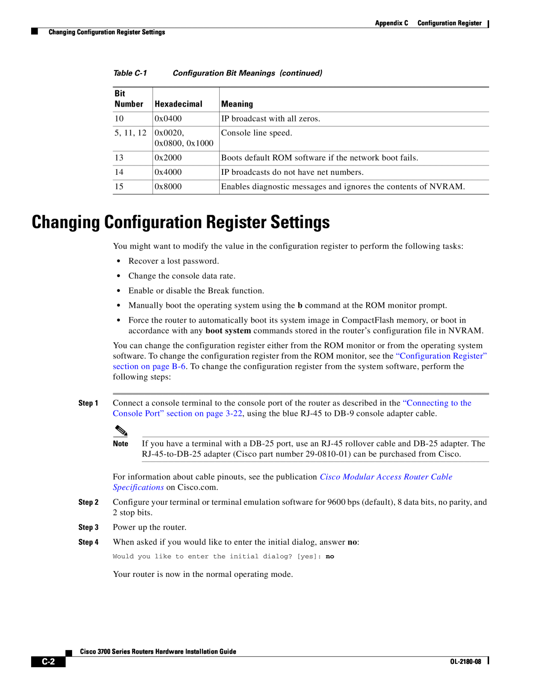 Cisco Systems 3700 Series manual Changing Configuration Register Settings 