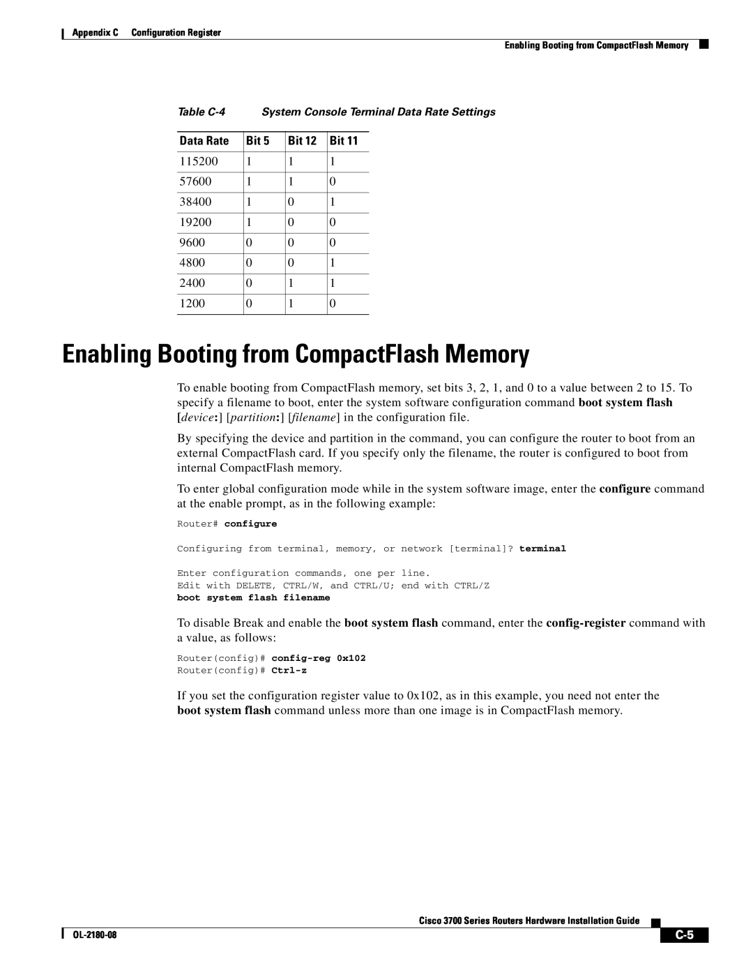 Cisco Systems 3700 Series manual Enabling Booting from CompactFlash Memory 