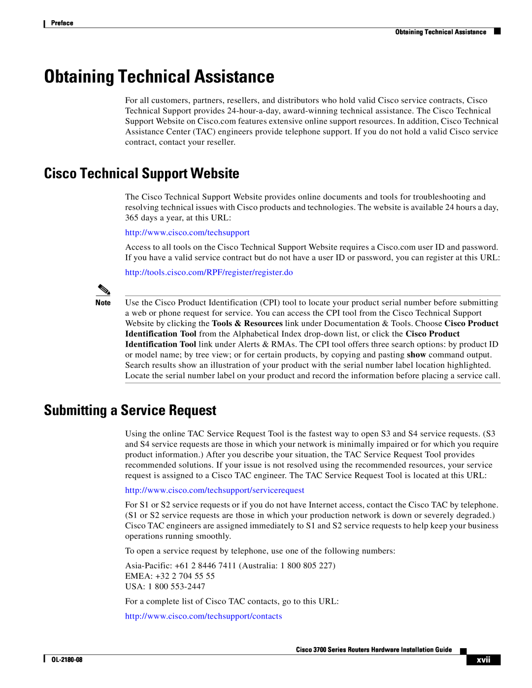 Cisco Systems 3700 Series Obtaining Technical Assistance, Cisco Technical Support Website, Submitting a Service Request 