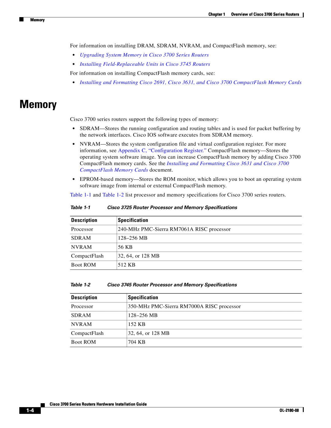 Cisco Systems 3700 Series manual Cisco 3725 Router Processor and Memory Specifications 