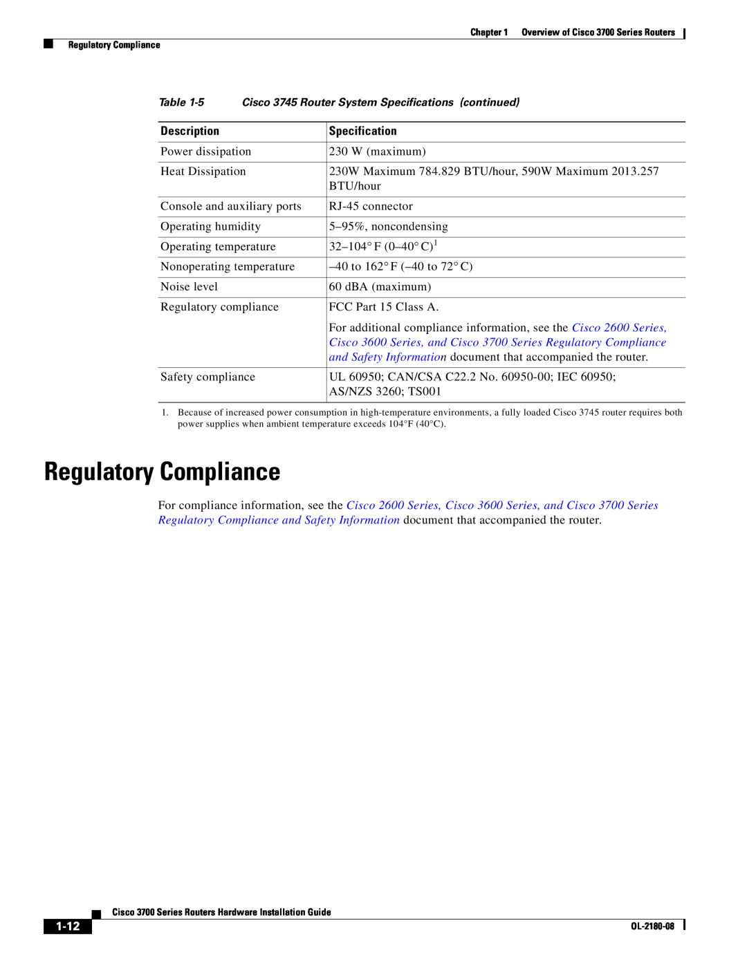 Cisco Systems 3700 Series manual Regulatory Compliance, 1-12, Cisco 3745 Router System Specifications continued 