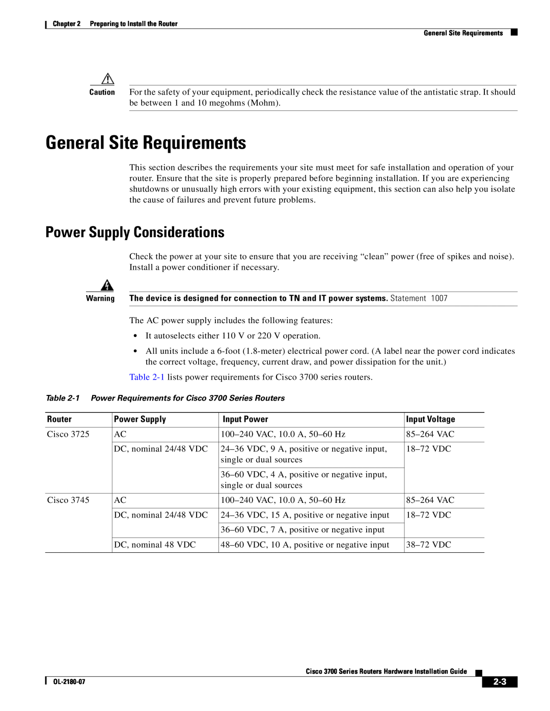 Cisco Systems 3700 Series manual General Site Requirements, Power Supply Considerations 